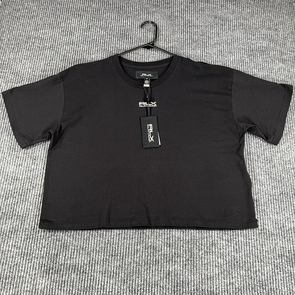 RLX Ralph Lauren Shirt Womens Medium Black Short Sleeve Cropped Crew Neck New